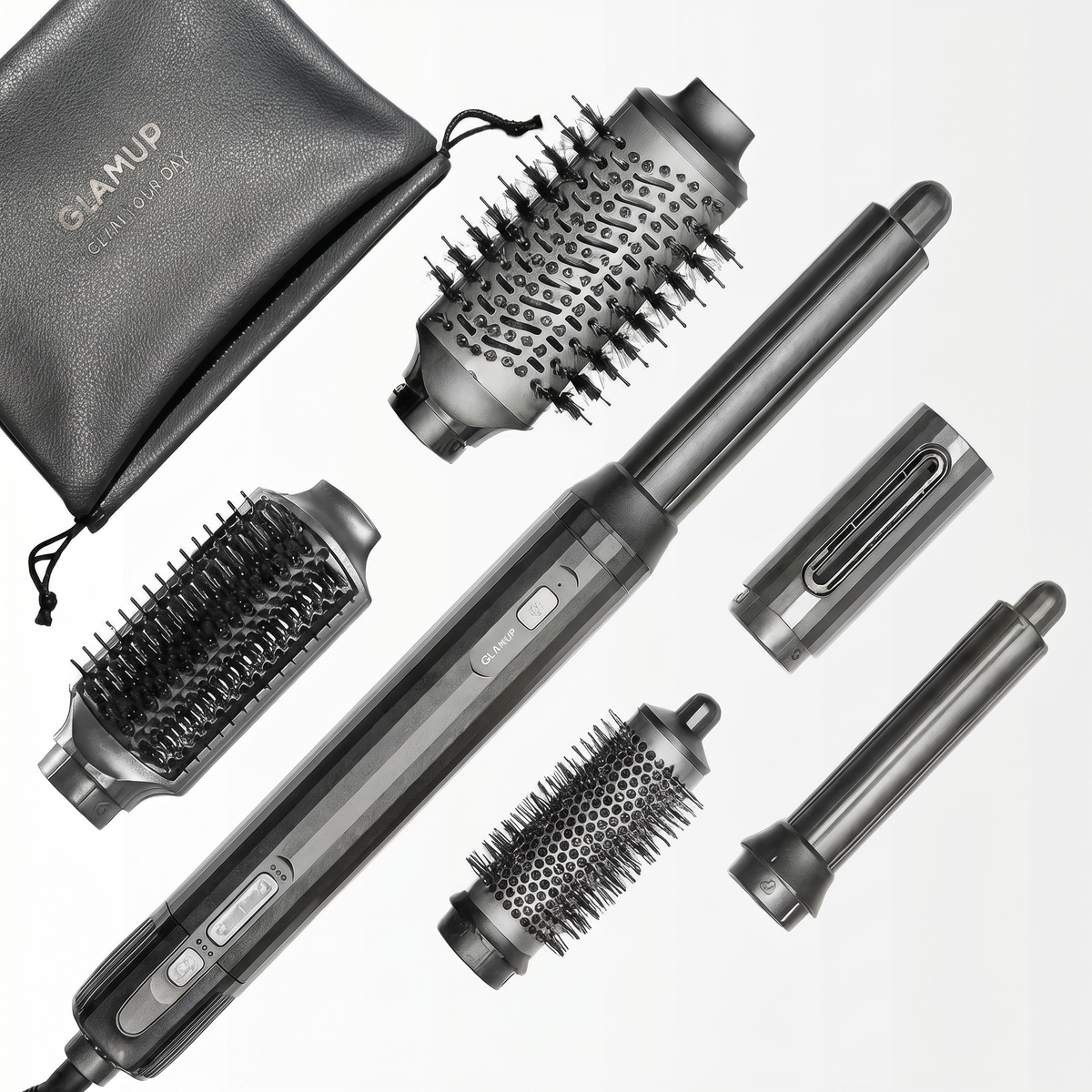 Black GLAMUP FusionPro 6-in-1 hair styler with brush, curling, and nozzle attachments Black GLAMUP FusionPro 6-in-1 hair styler with brush, curling, and nozzle attachments