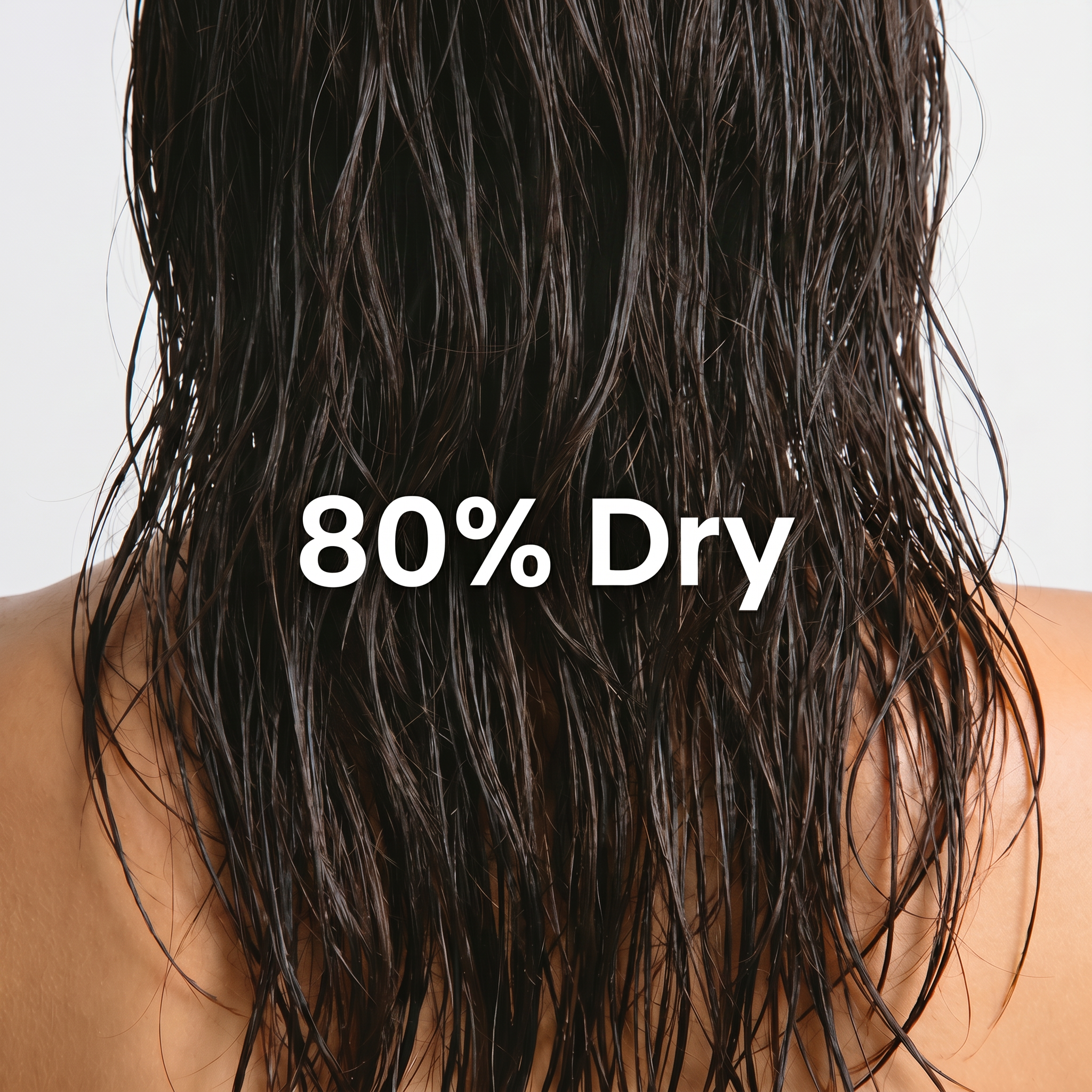 Back view of dark wet hair with text reading 80% Dry Back view of dark wet hair with text reading 80% Dry