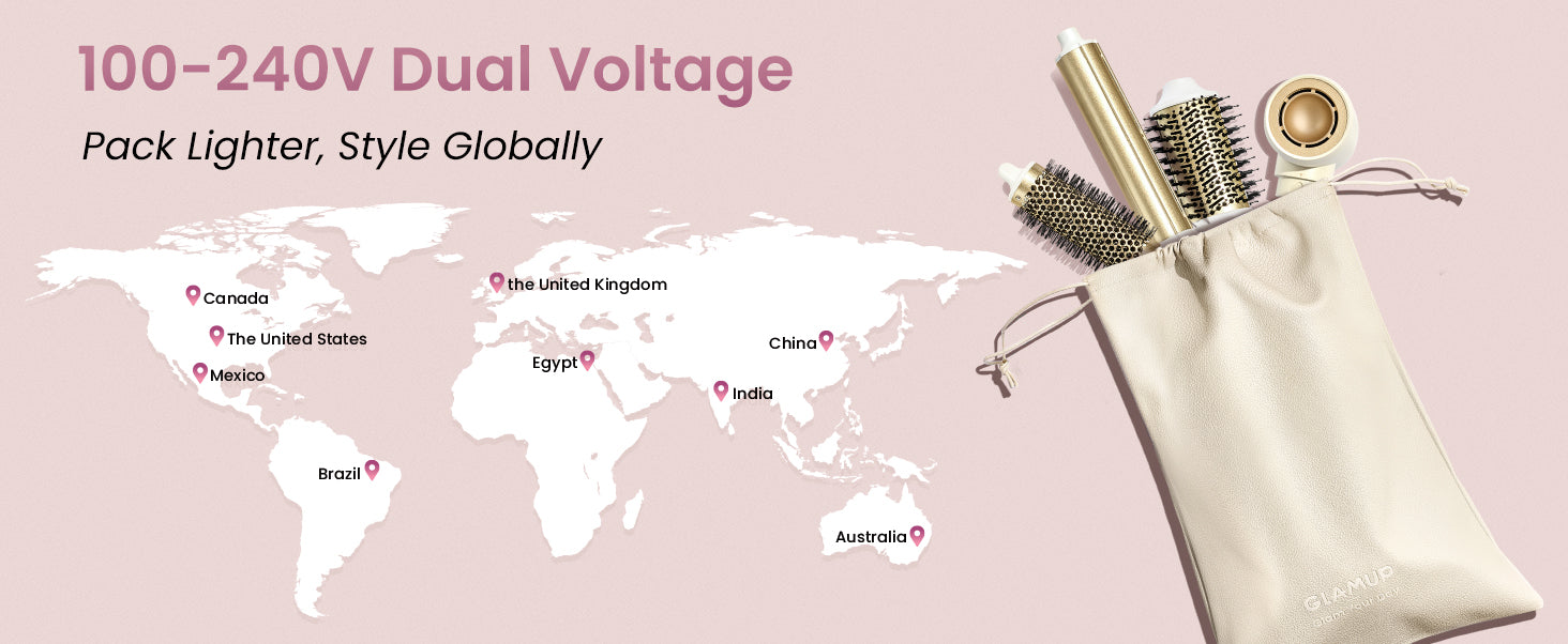 A world map infographic displaying GLAMUP’s 100-240V dual voltage travel friendly capability, next to a premium storage pouch packed with styling tools.
