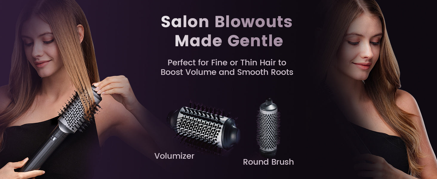 Advertisement for a hair care product with a woman using a volumizer and round brush, and text 'Salon Blowouts Made Gentle'.