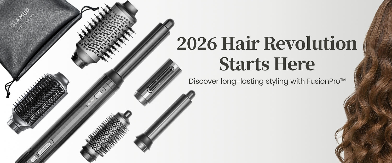 Hair styling tools with text '2026 Hair Revolution Starts Here' and 'Discover long-lasting styling with FusionPro'.