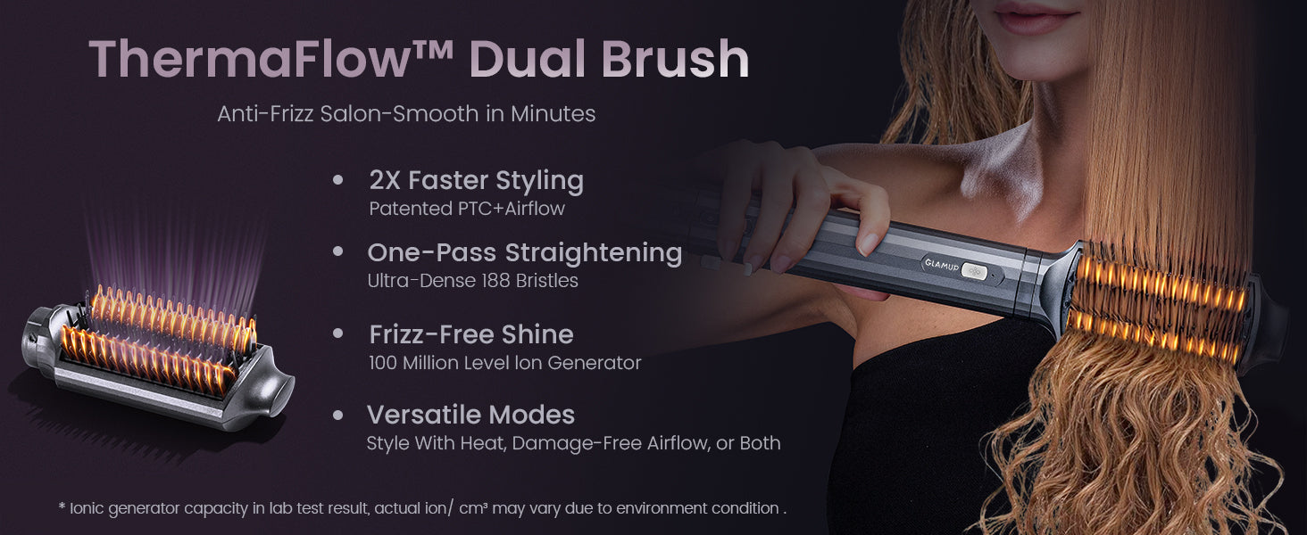 ThermaFlow Dual Brush creates Anti-Firzz Salon-Smooth in Minutes on a dark background
