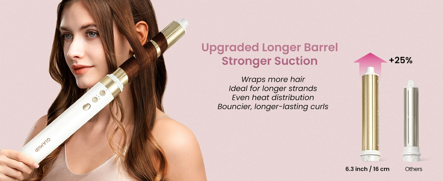 Woman using a hair styling tool with text about its features on a pink background