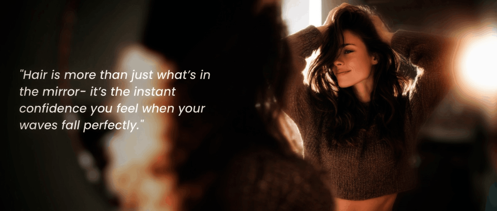 Woman looking at herself in the mirror with a quote about hair confidence.