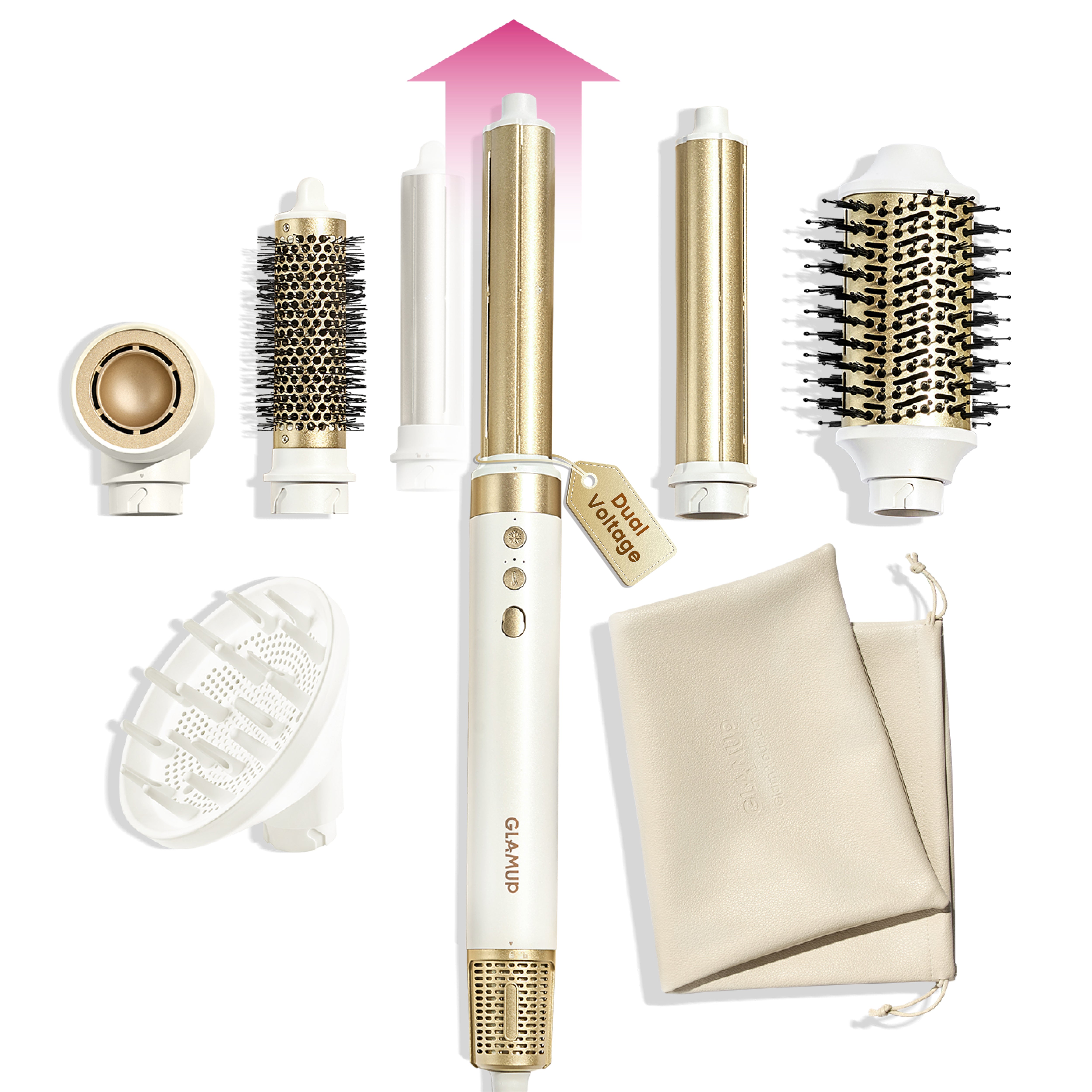 Hair styling tool with various attachments on a white background