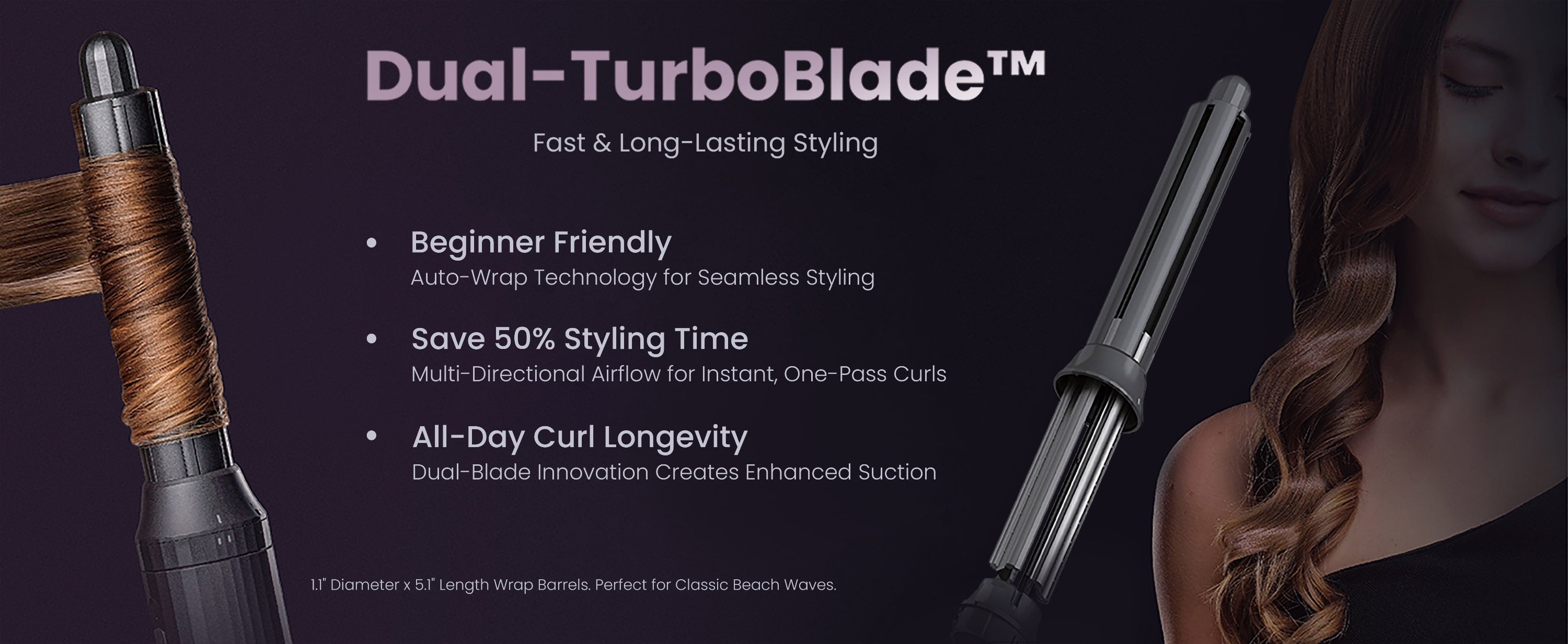 Dual-TurboBlade styling tool with text highlighting its fast & long-lasting Style capabilities on a dark background