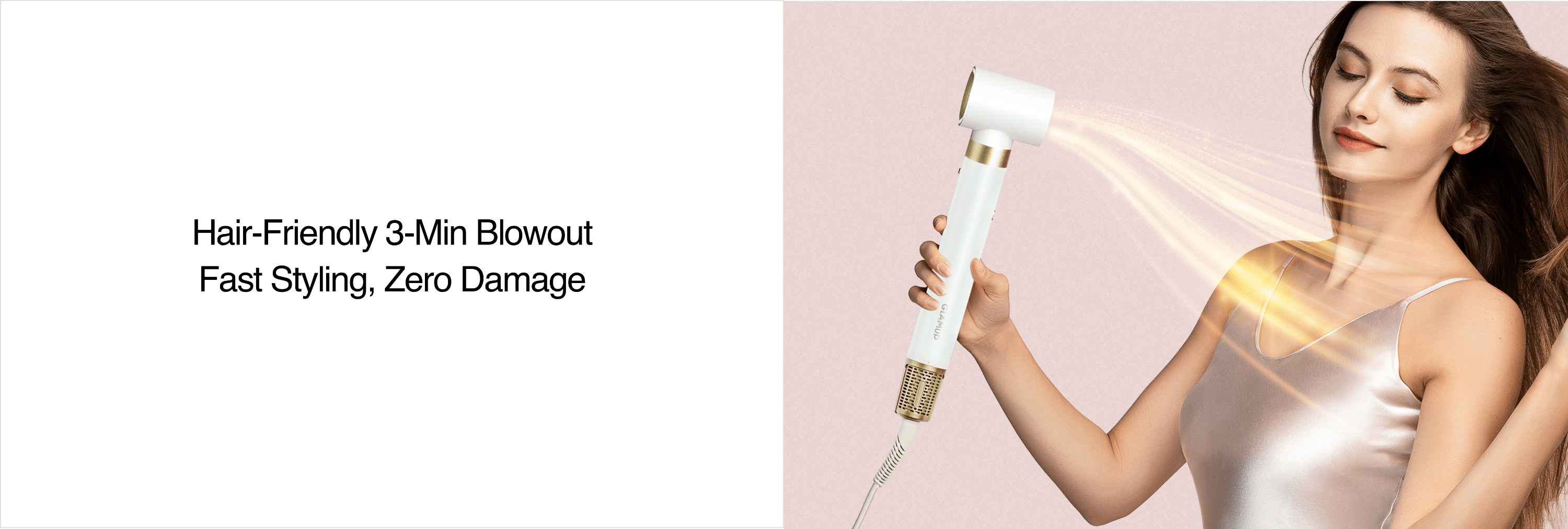 Woman using a hair dryer with text about fast styling and zero damage on a pink background