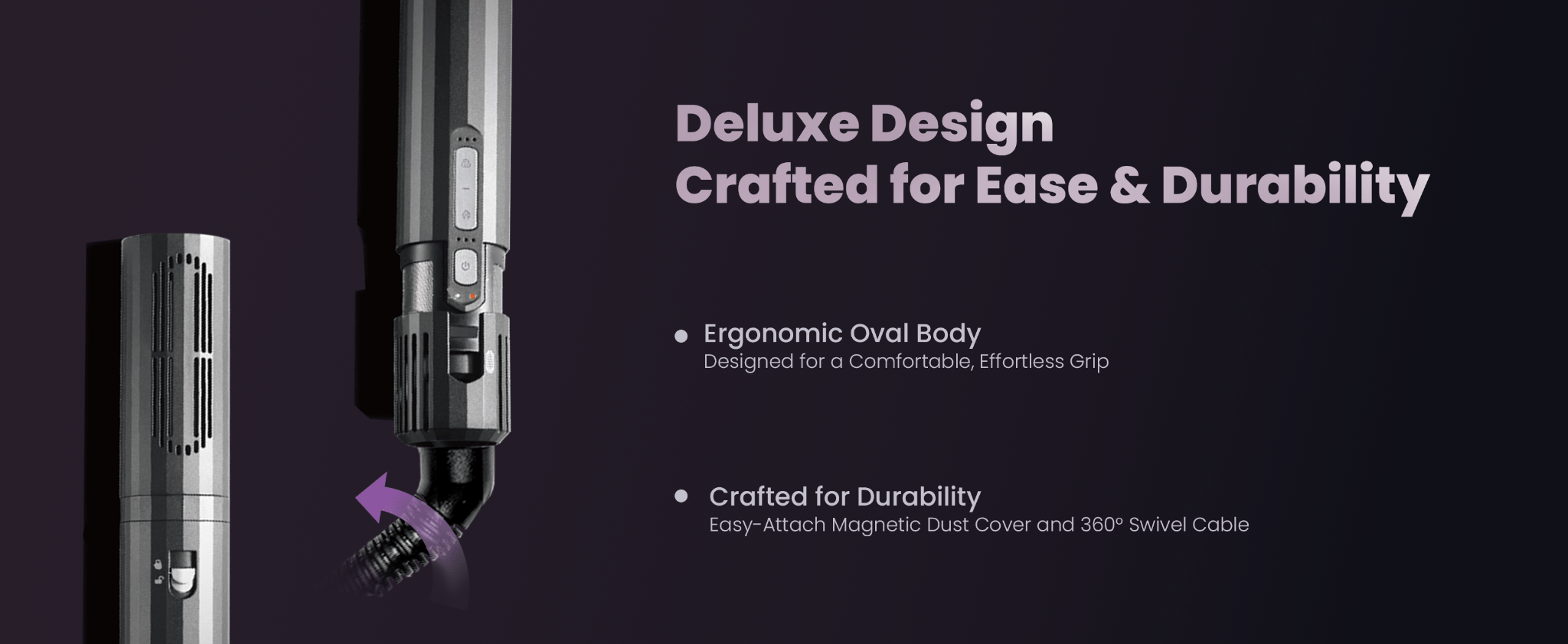 The basement of hair styler showcasing its ergonomic oval body design with text on a dark background