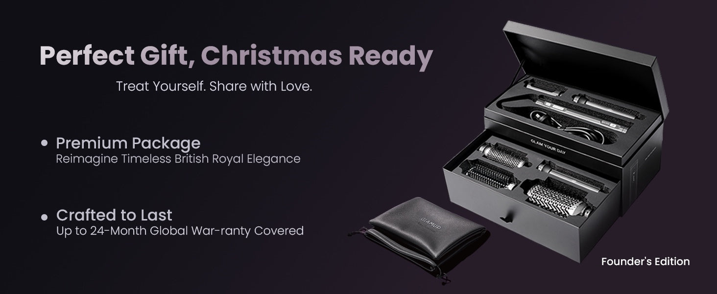 Founder's Edition premium styling package, featuring a woman with styled hair, promoted as the perfect holiday gift with a 2-year warranty.