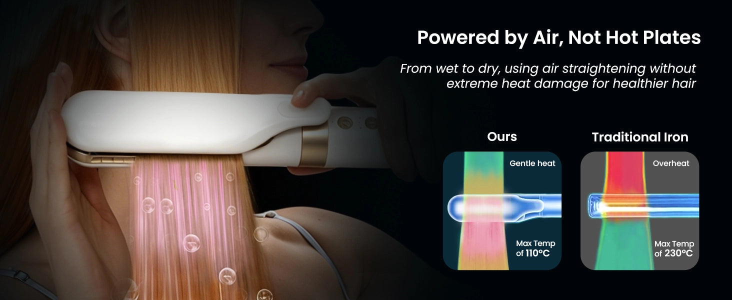 Hair straightening tool with text highlighting 'Powered by Air, Not Hot Plates' and 'Ours' vs 'Traditional Iron' comparison.