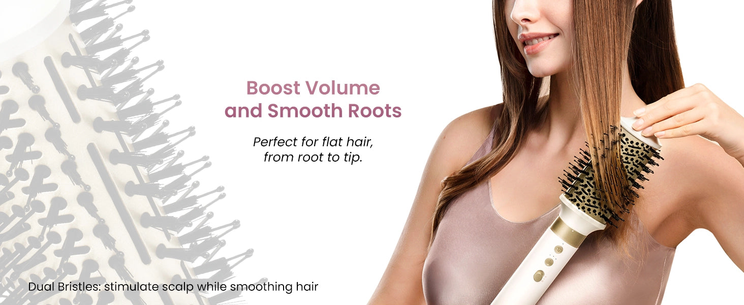 Woman using a hairbrush with text about volume and root smoothing on a white background