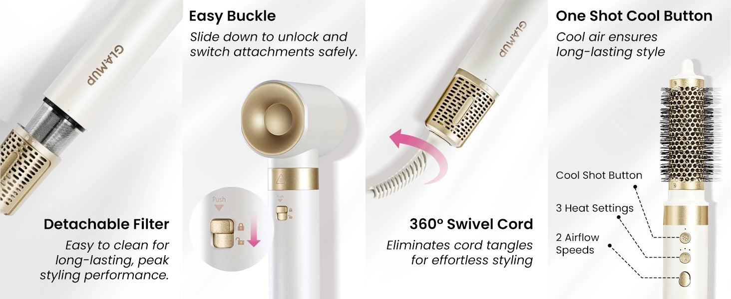 Hair styling tool with features highlighted on a white background