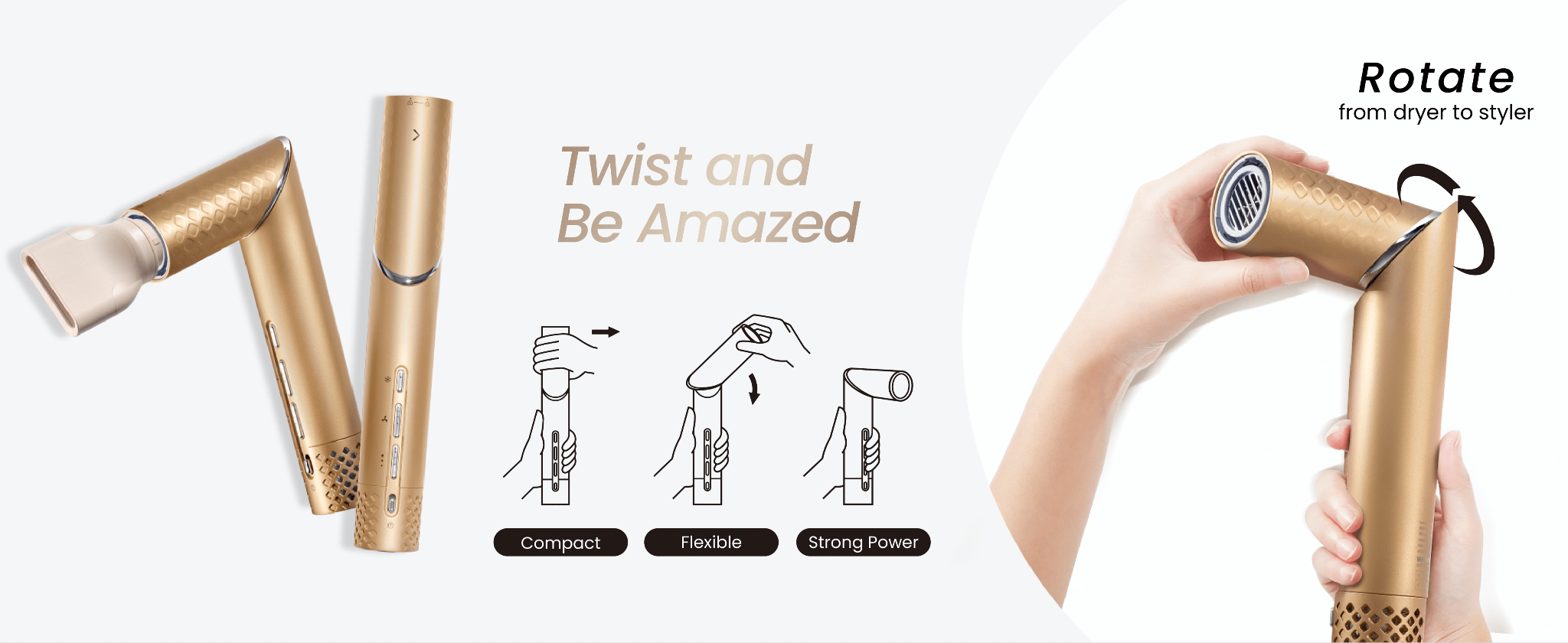 Golden hair styler designed for easy hand twisting yet equipped with strong, powerful styling performance.