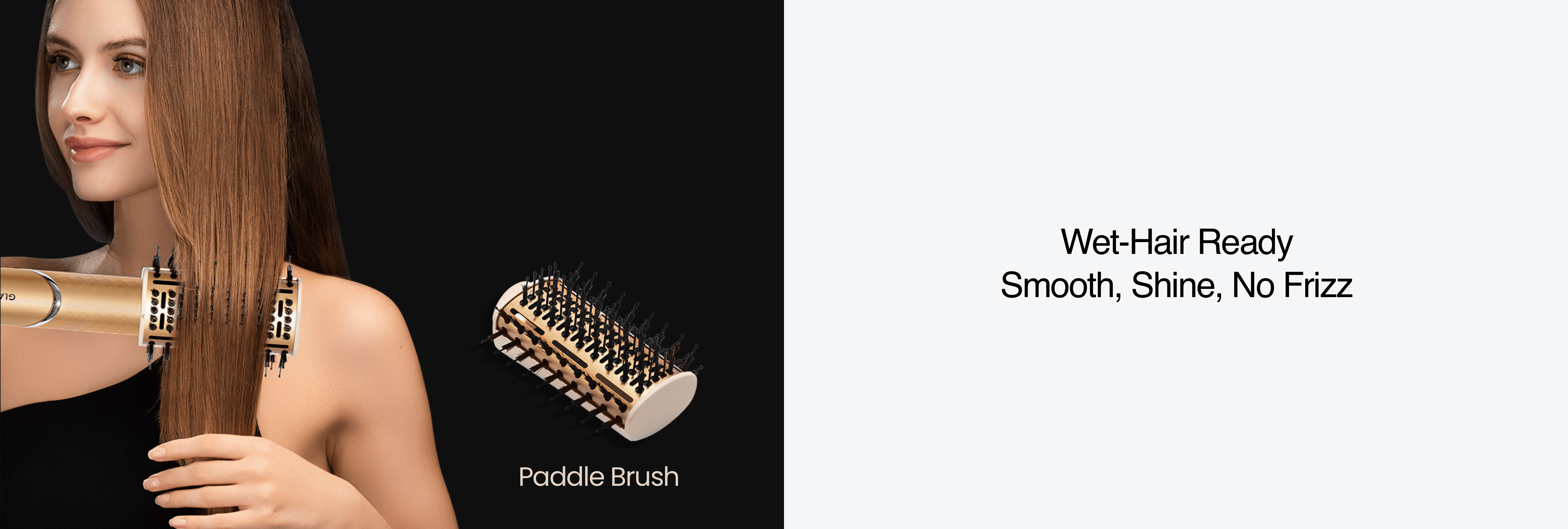 Golden hair styler with paddle brush attachment, designed to effortlessly smooth wet hair for a frizz-free, one-pass finish.