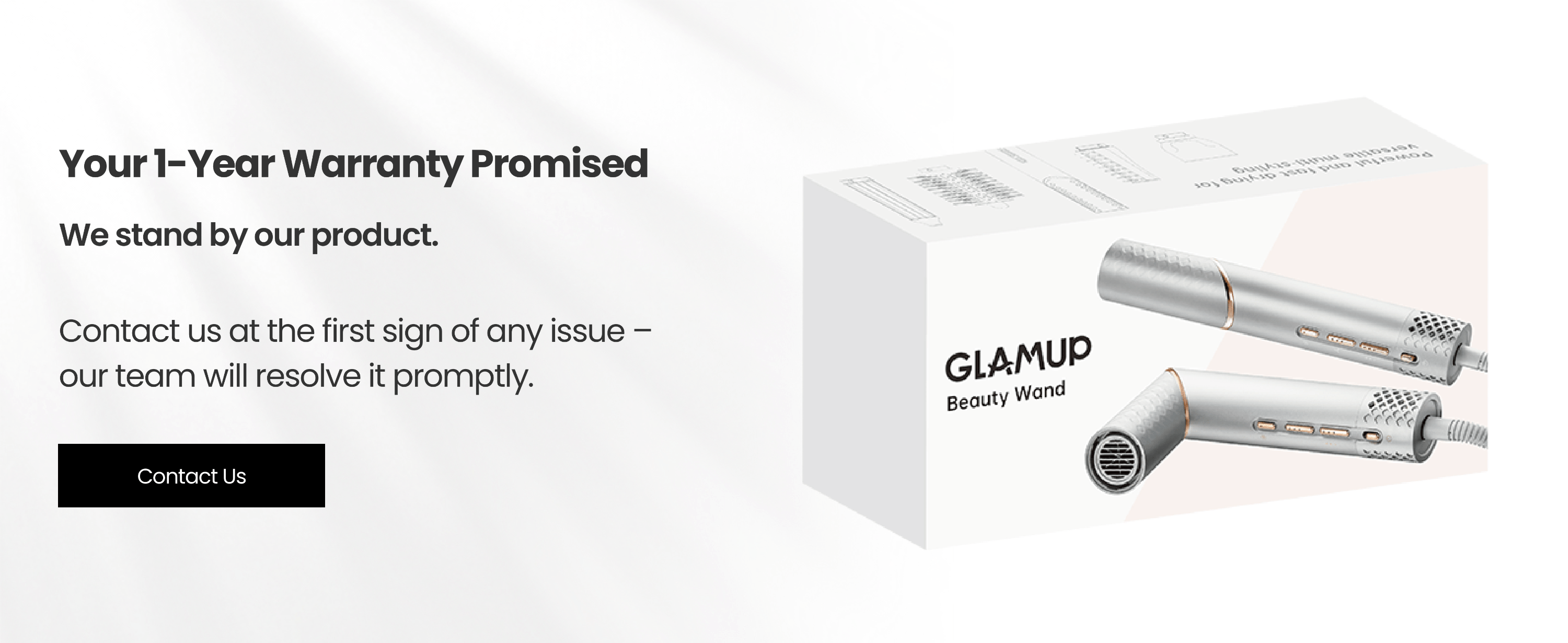GLAMUP 5-in-1 Hair Styler packaging with warranty information on a white background