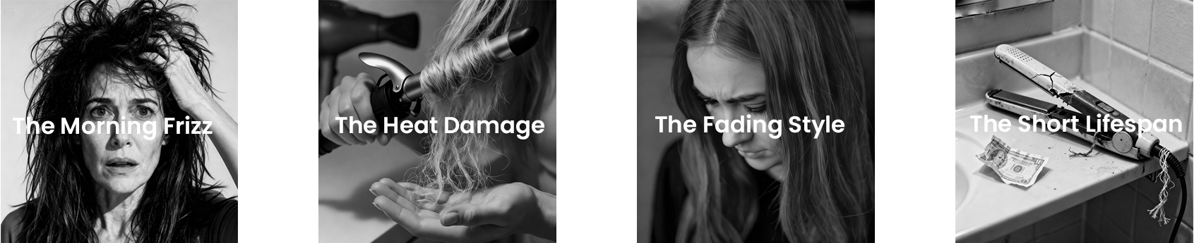 Set of four black and white images labeled 'The Morning Frizz', 'The Heat Damage', 'The Feeding Style', and 'The Short Lifecycle'.