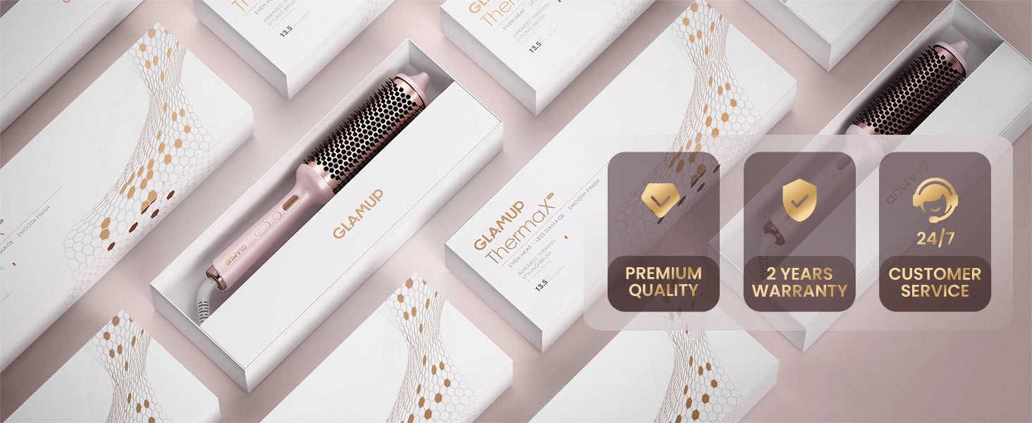 GLAMUP Thermax infrared styling brush in premium gift box packaging with a two year warranty guarantee.