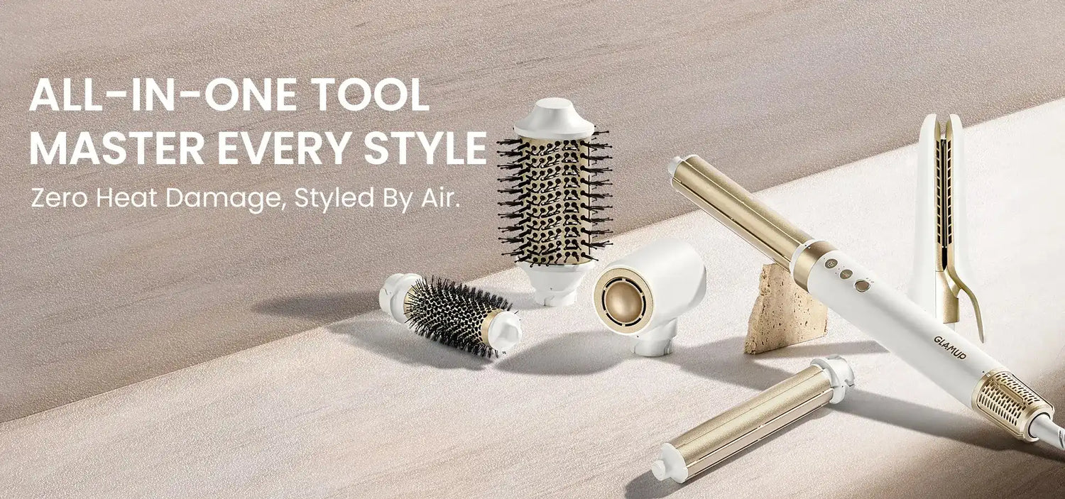 GLAMUP all-in-one air styler creating diverse looks with zero heat damage protection.