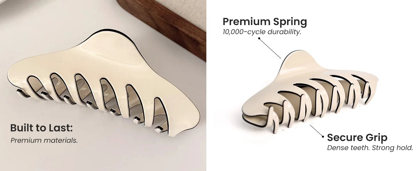 Feature breakdown of the Glamup extra large XL size claw clip showing durable materials, a strong spring, and secure grip for thick hair.
