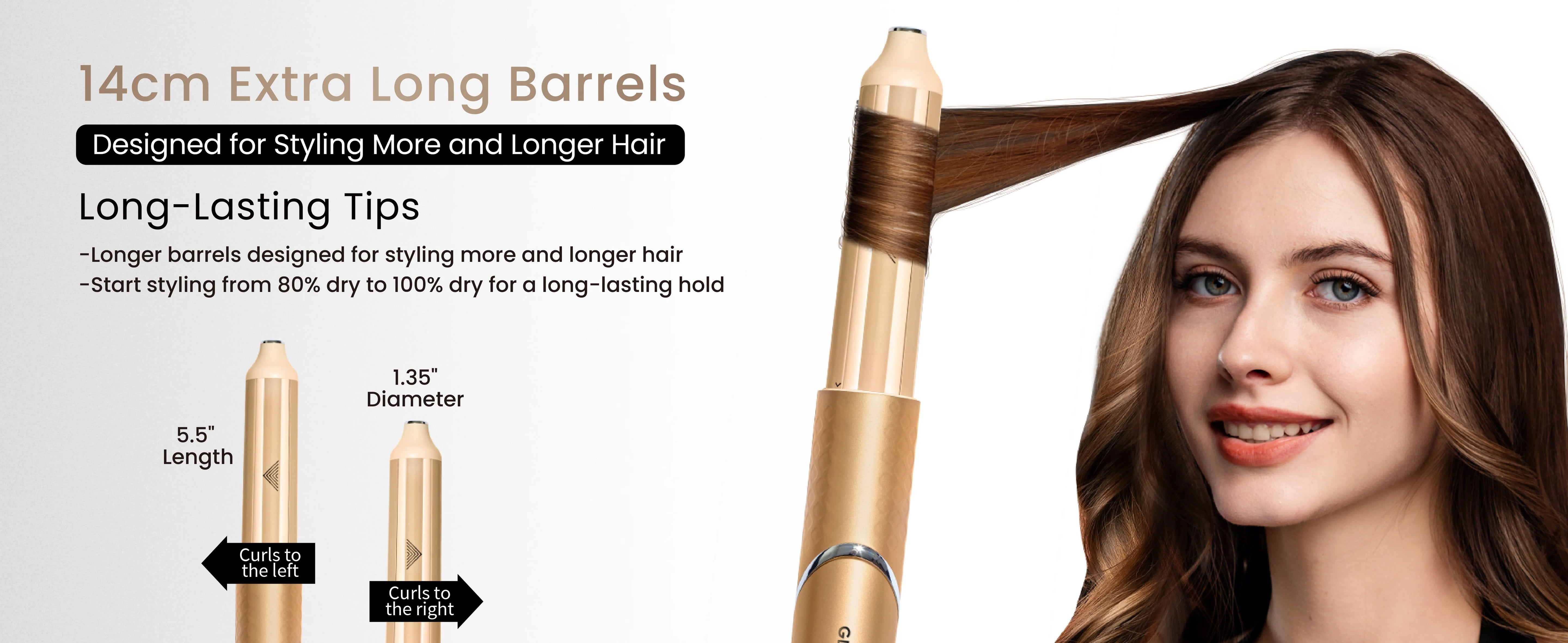 A product feature banner illustrating the GLAMUP FlexAir 14cm extra long styling barrels with a 1.35 inch diameter, showing how to style more hair with left and right directional barrels for a long-lasting hold.