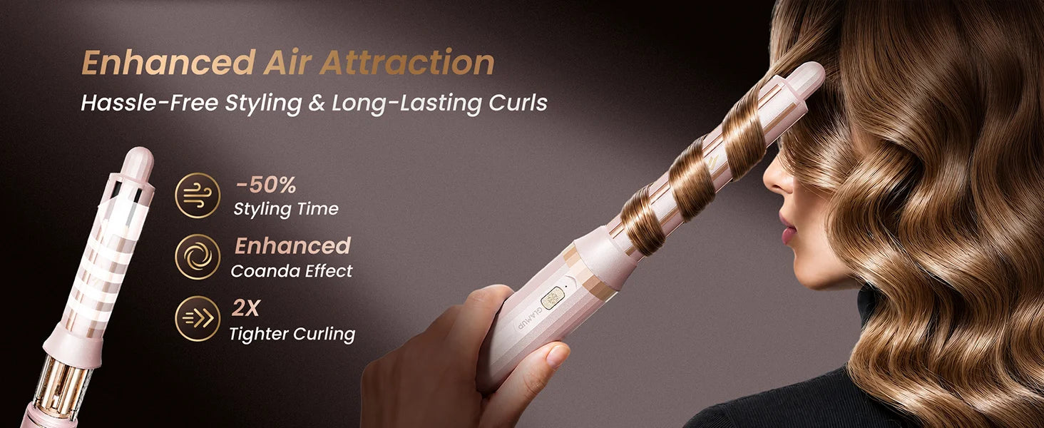 A product banner showcasing the GLAMUP FusionPro Ceramic Pink curling barrel with enhanced air attraction, creating hassle-free styling and tighter, long-lasting curls for a model.