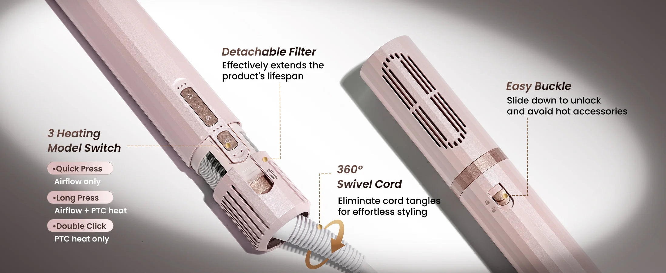 A close-up product blueprint highlighting the GLAMUP FusionPro Ceramic Pink handle details, including the detachable filter for product lifespan and the 360-degree swivel cord.