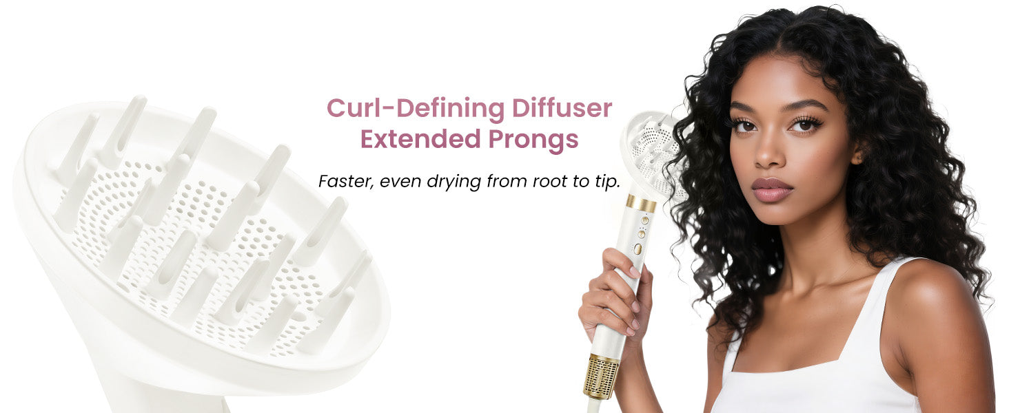 An engineering close-up details a GLAMUP white curl-defining diffuser attachment featuring extended prongs for faster, even drying from root to tip, next to a beautiful Black woman with voluminous, healthy wavy curly hair using the GLAMUP air curler multi-styler