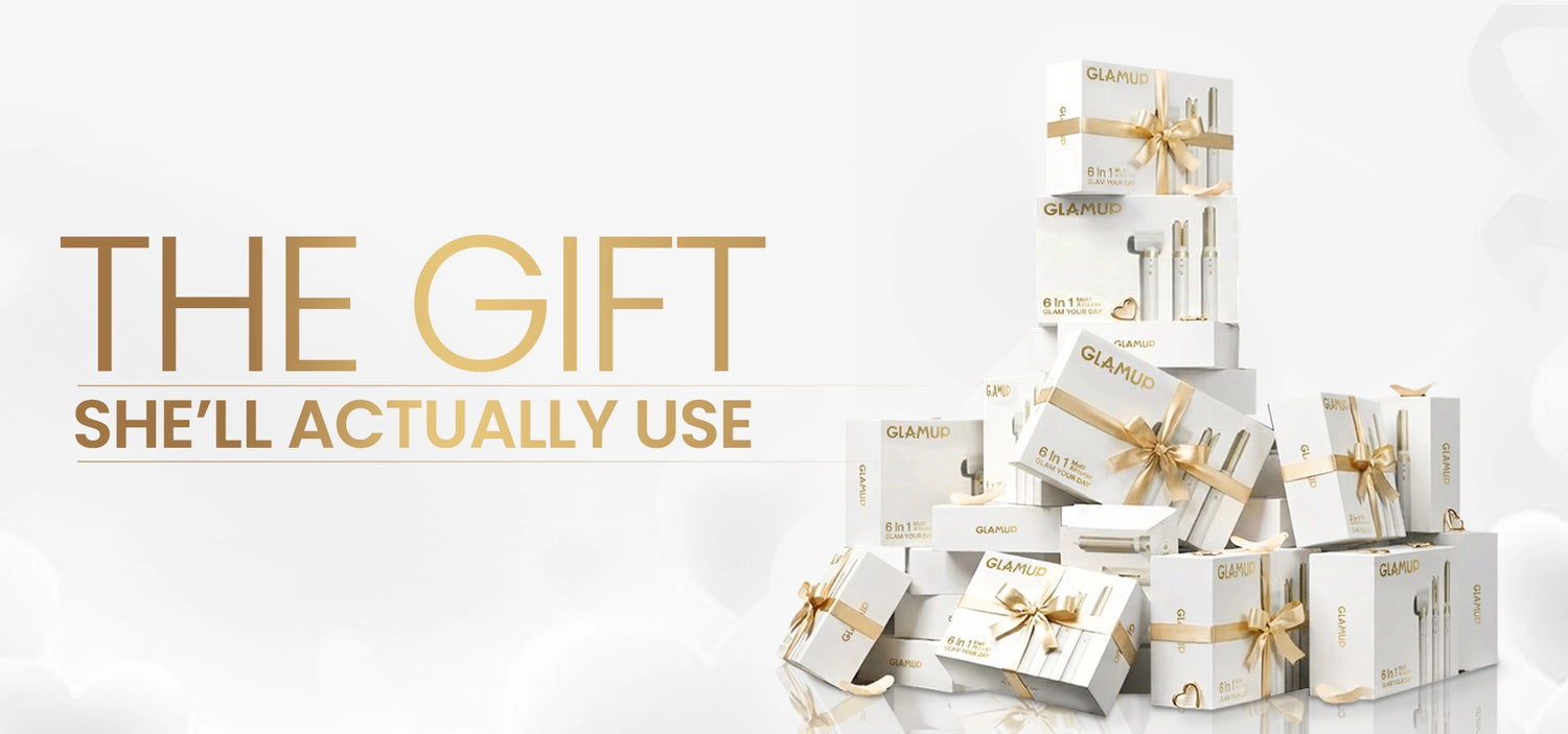 GLAMUP multistyler complete gift set in luxury white boxes with elegant champagne gold ribbons.