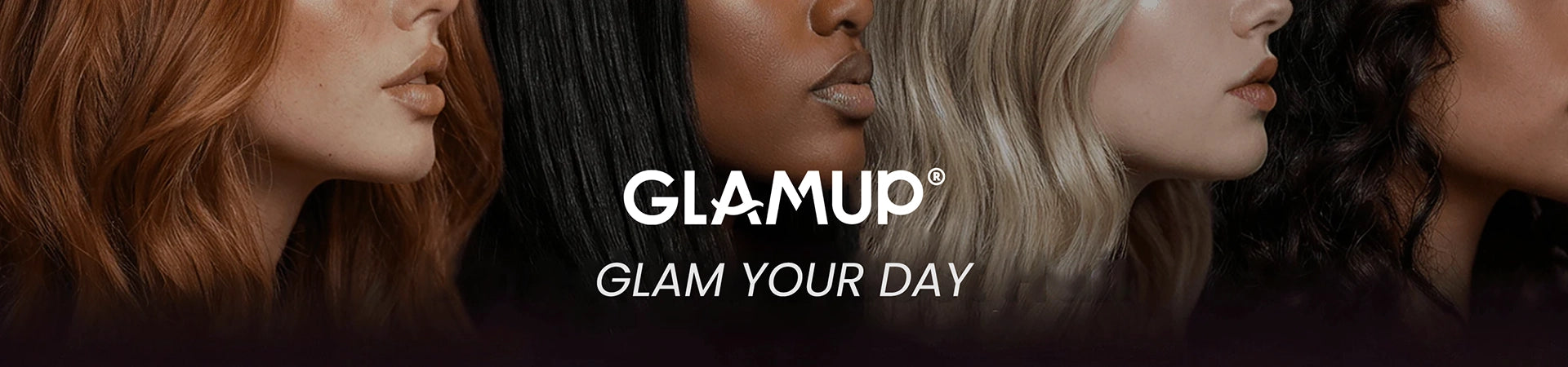 The official GLAMUP brand banner showcasing a diverse group of women with different hair types, textures, and hair colors, featuring the registered GLAMUP logo and the inspiring slogan "Unlock Your Best Hair" to provide FAQ and trending hair style tips.