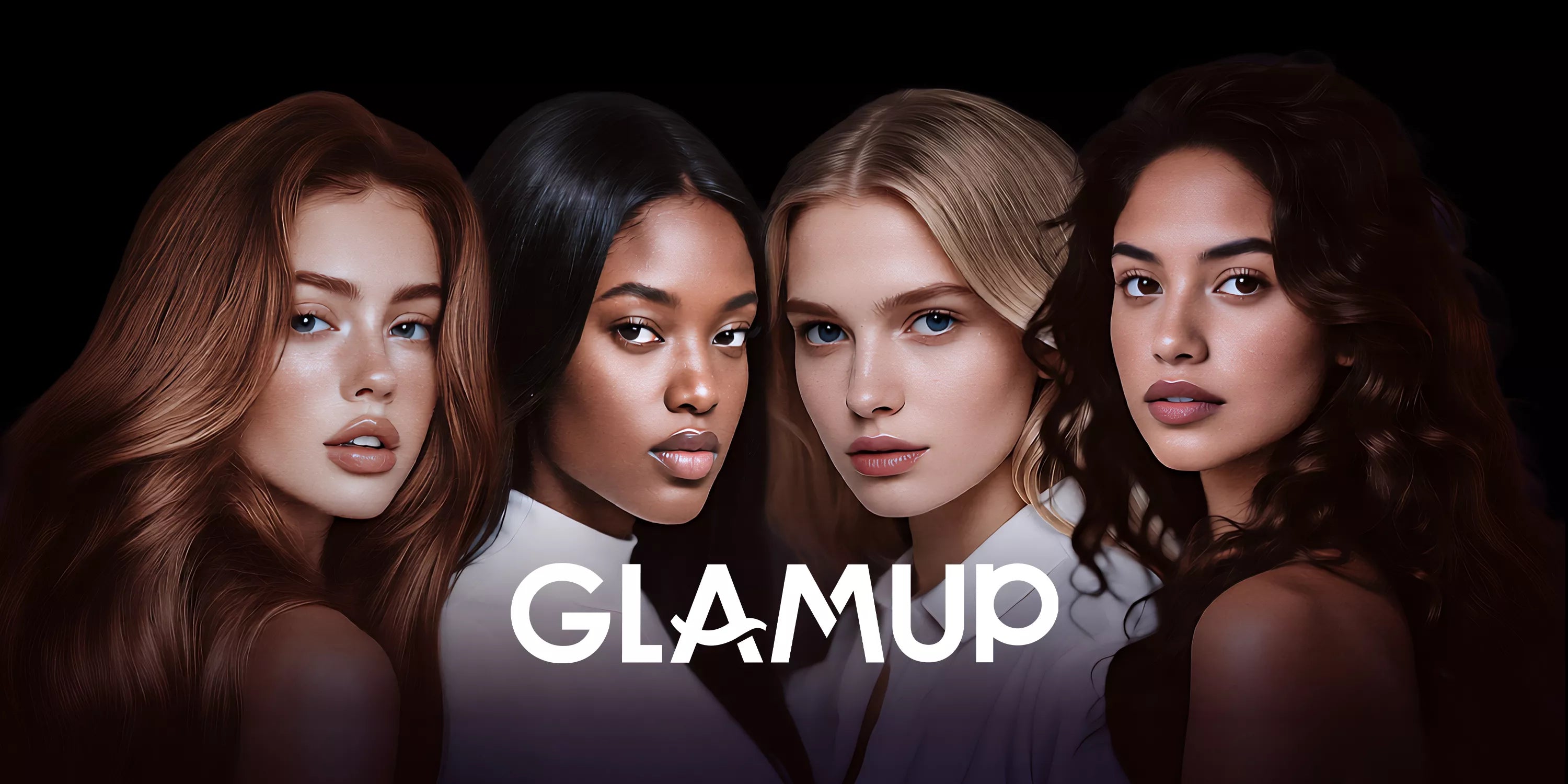 Four women with different hair colors and styles, featuring the brand 'GLAMUP' on a black background.