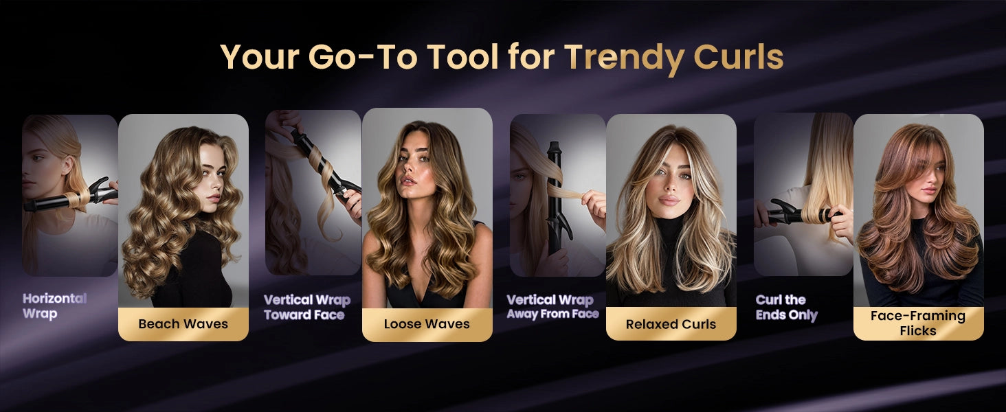 A comprehensive hair styling guide showcase titled "Your Go-To Tool for Trendy Curls," demonstrating various salon-grade hairstyles achieved with the GLAMUP SmoothWave curling iron, including horizontal wrap for beach waves, vertical wrap for loose waves, vertical wrap away from face for relaxed curls, and curl the ends only for face-framing flicks.