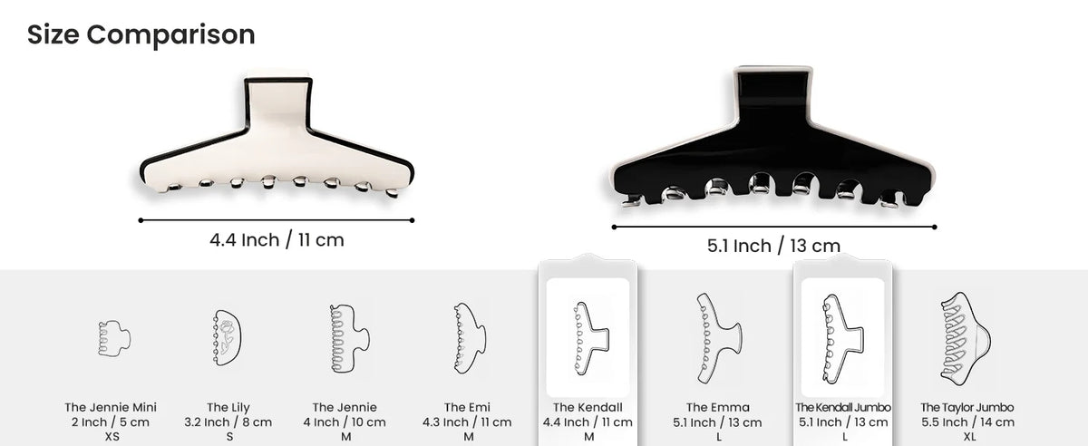 A comprehensive size comparison chart detailing the dimensions and scale options available in GLAMUP The Kendall acetate claw clip collection.