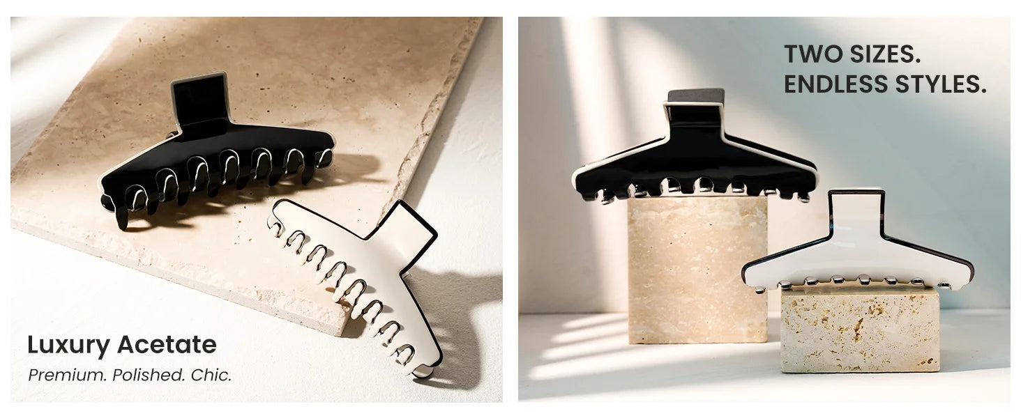 GLAMUP The Kendall large acetate claw clip displayed on a textured stone surface, highlighting its polished and chic finish.