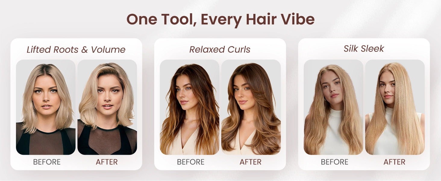 Before and after styling results using GLAMUP thermal brush for lifted roots, relaxed curls and sleek hair.