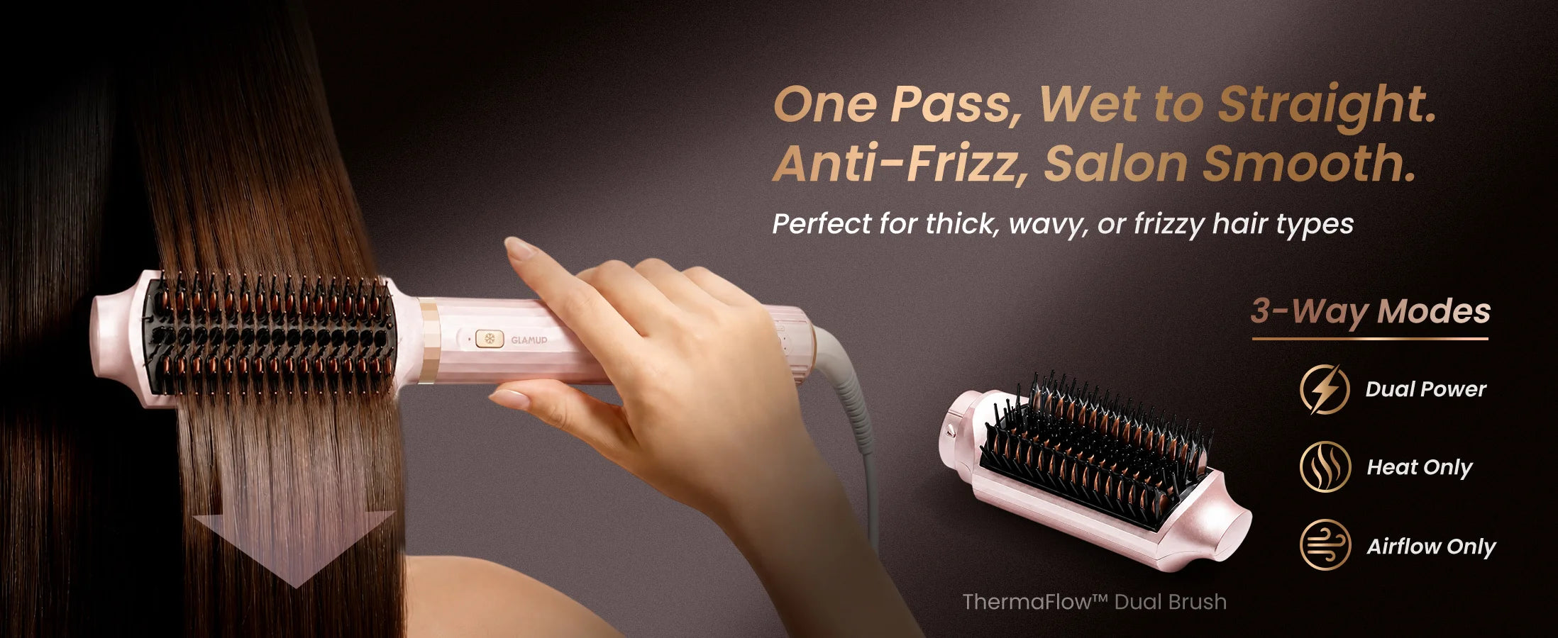 An infographic banner explaining the ThermoFlow one-pass wet-to-straight thermal brush with 3-way modes including Dual Power, Heat Only, and Airflow Only for salon smooth hair.