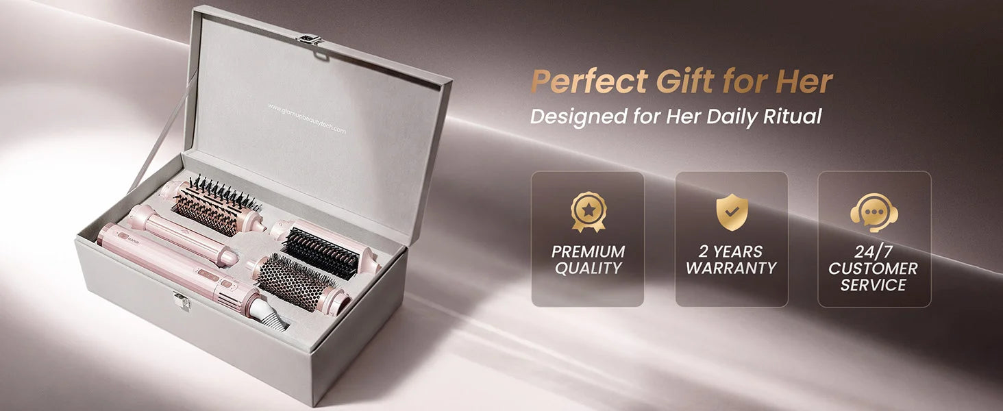 A premium marketing banner featuring the open white luxury gift box showcasing the Ceramic Pink FusionPro styler set, complete with 2-year warranty and 24/7 customer service badges.