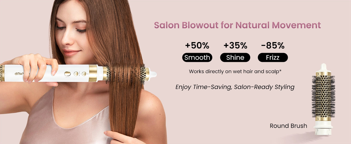 A woman using a round volumizing brush tool near her hair ends for a professional salon blowout with 50% more smoothness and 35% more shine.