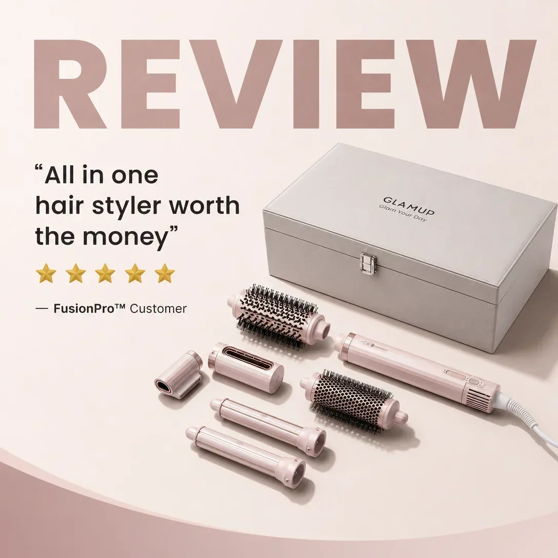 Pink GLAMUP FusionPro 6-in-1 hair styler with attachments and storage case