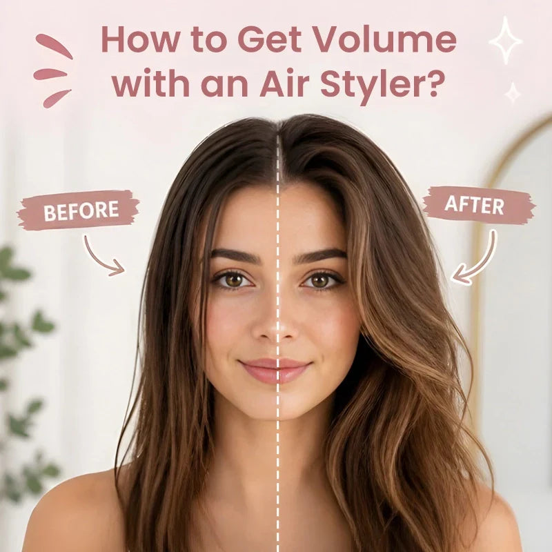 A side-by-side hair transformation before and after comparison showing a woman getting volume at the roots using a multi-functional air styler tool for a bouncy, voluminous blowout look.