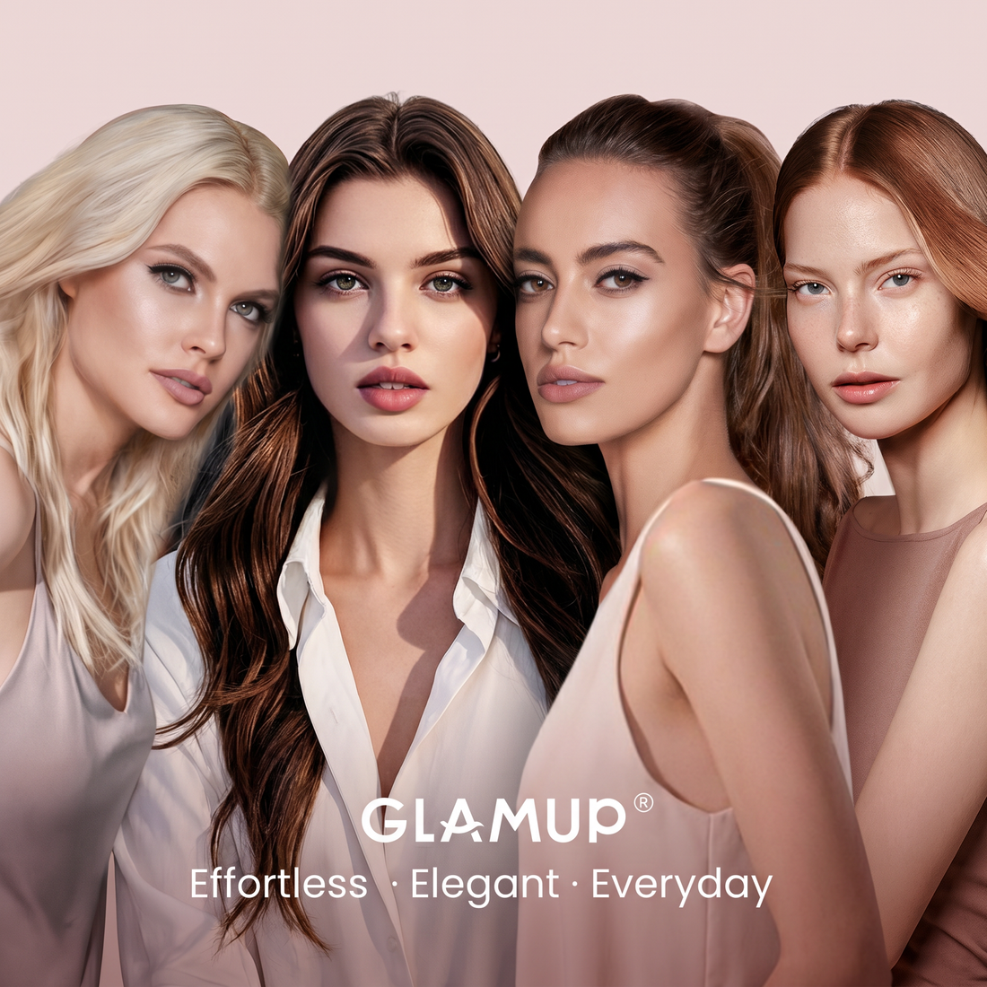 Four women with different hair colors in a GLAMUP hair styling campaign image