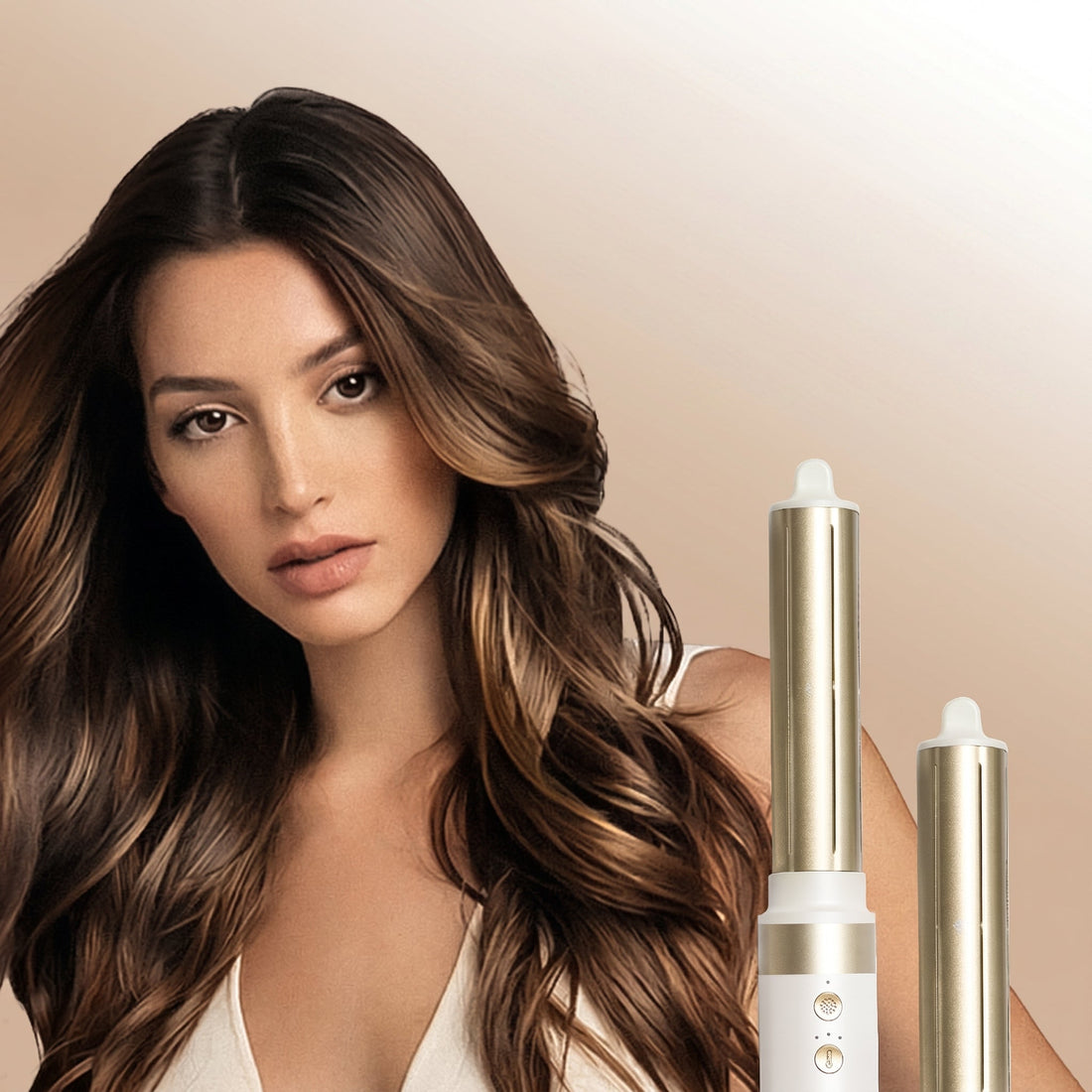 Woman with long brown waves beside two white and gold GLAMUP AirCurler curling barrels