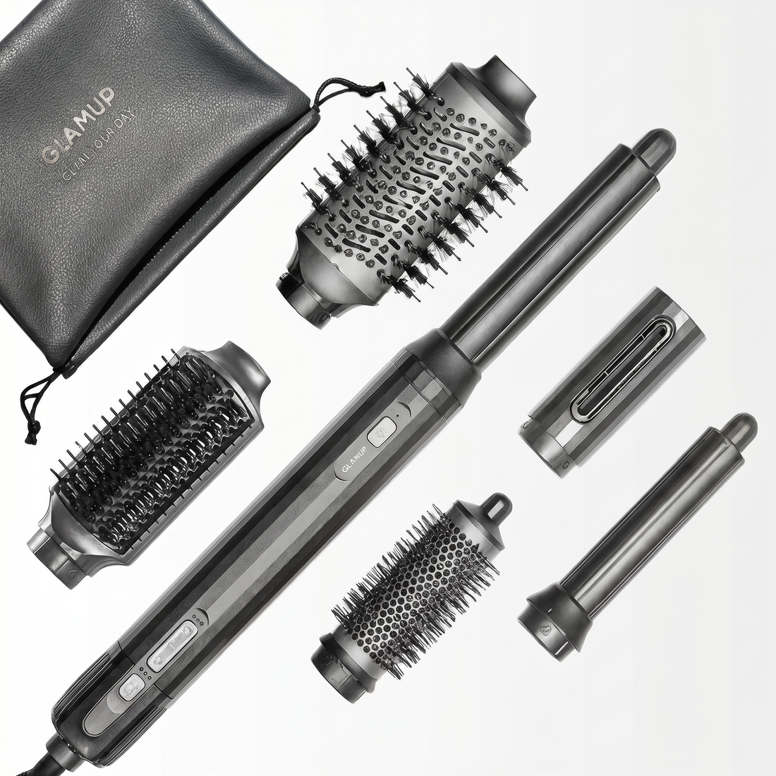 Black GLAMUP FusionPro 6-in-1 hair styler with brush, curling, and nozzle attachments