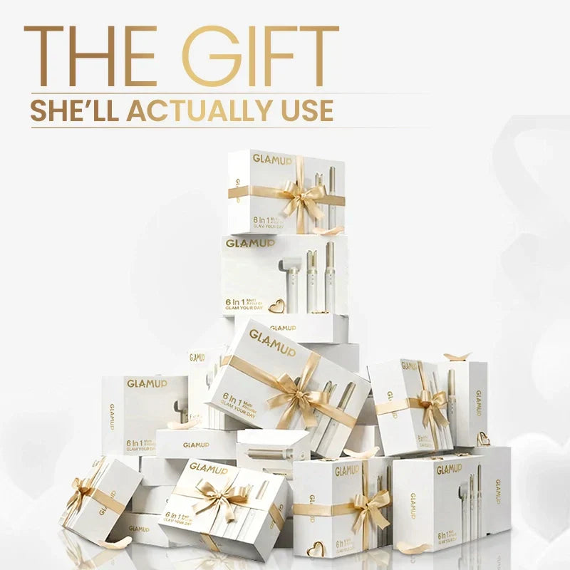 A grand pyramid stack of elegant white and gold GLAMUP 6-in-1 Multi-Styler premium gift boxes wrapped with golden ribbons, perfect hair tool gift ideas for women and holidays.