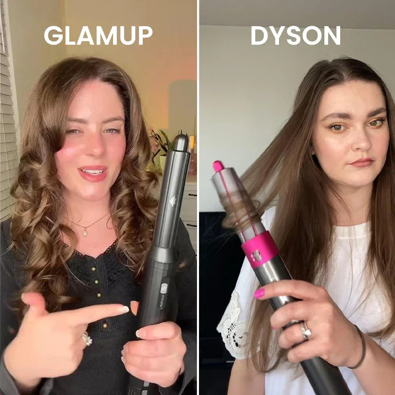 An honest hair tool review comparison between GLAMUP and Dyson stylers, demonstrating a woman curling her hair to test styling longevity and heat styling performance.