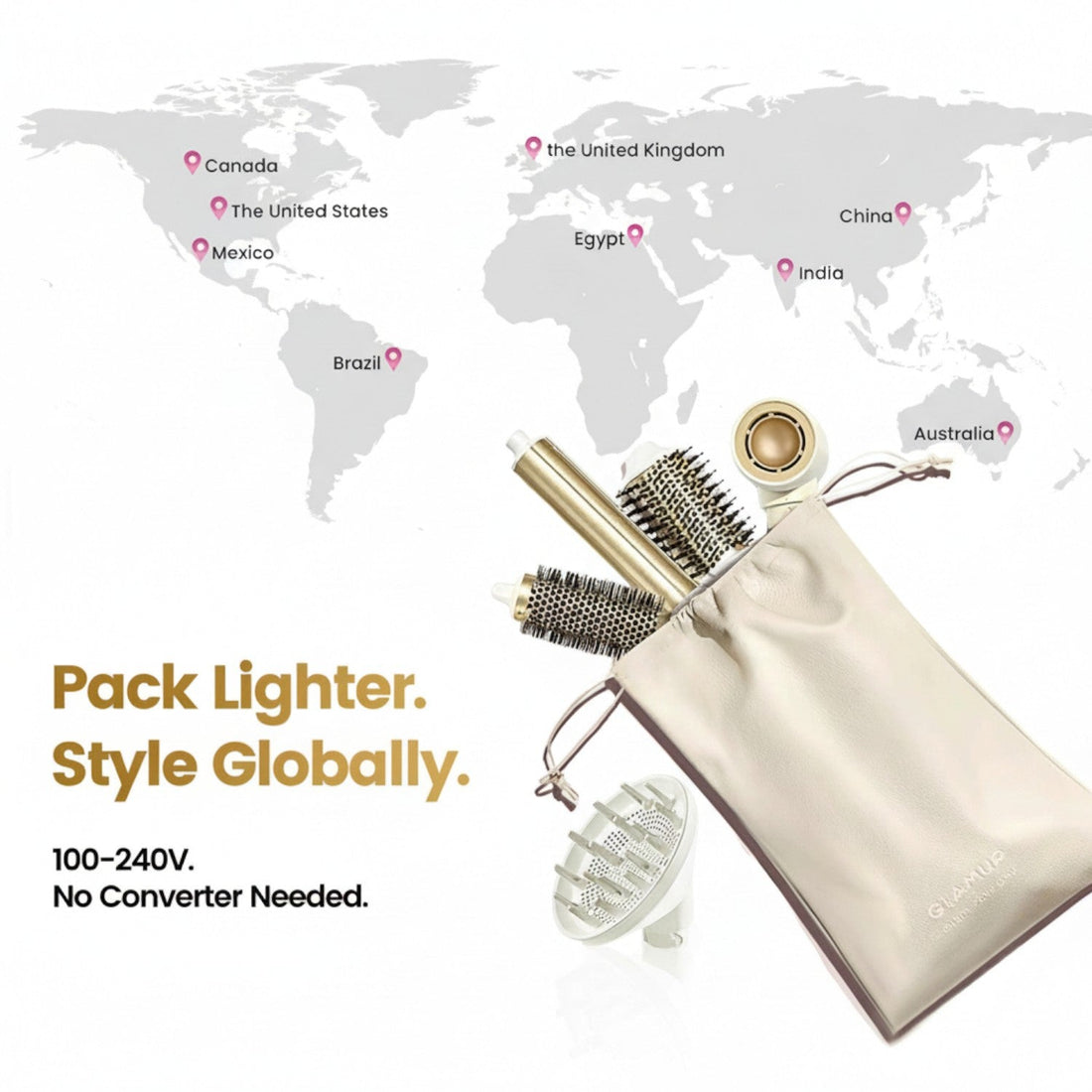 GLAMUP AirCurler travel set with white and gold attachments beside a world map