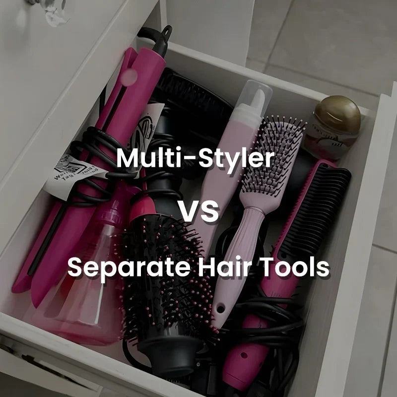 A cluttered white drawer filled with messy separate hair styling tools, straighteners, and brushes, highlighting the space-saving benefit of switching to a single versatile multi-styler.