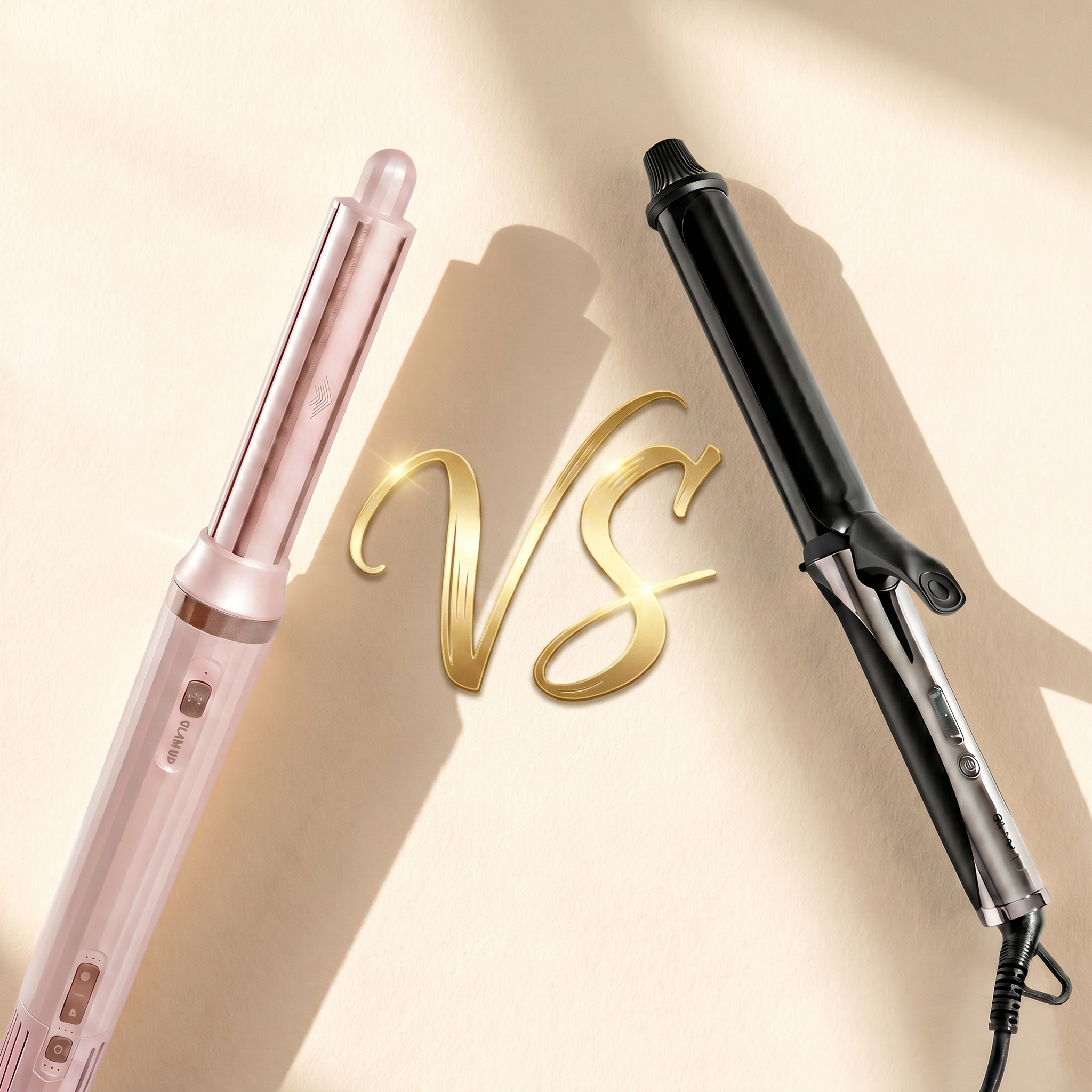 Pink and black hair styling tools beside a gold VS symbol