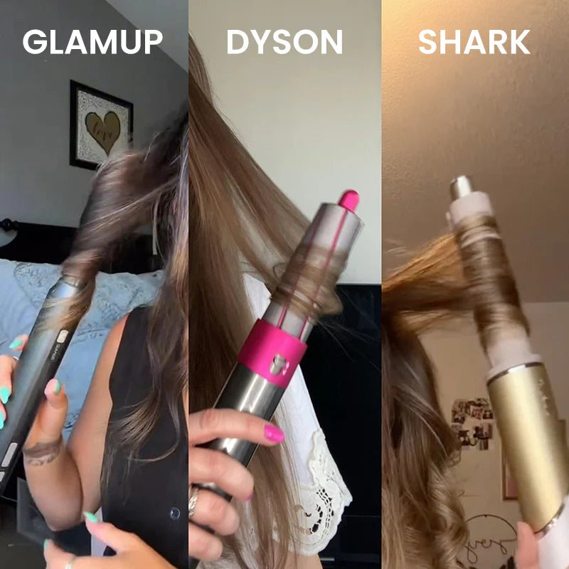 A split-screen comparison review of three popular beauty tools: GLAMUP, Dyson, and Shark, evaluating heat styling curls, ease of use, and professional salon results at home.