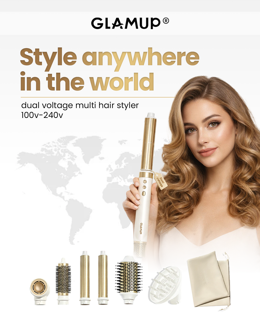GLAMUP AirCurler Dual Voltage 110-240V hair styler for international travel
