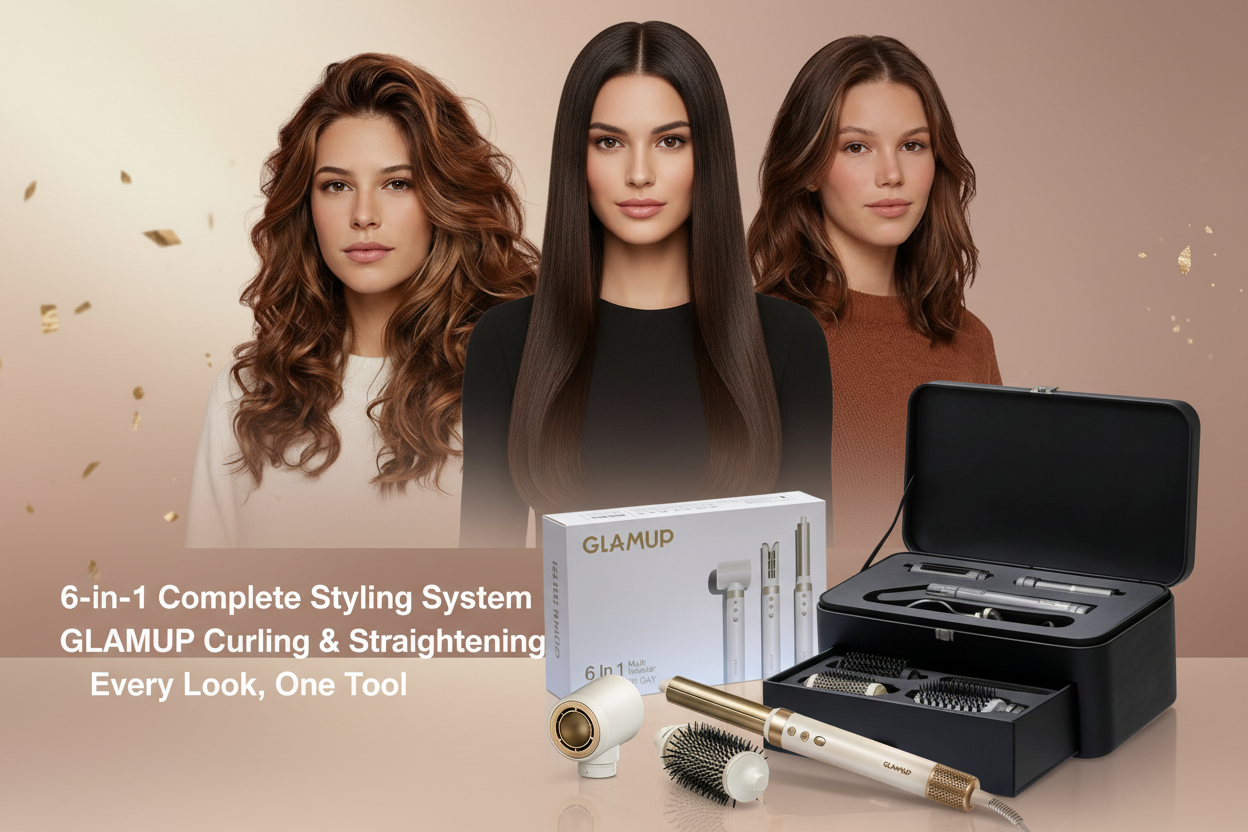 Women with curly, straight and wavy hair using GLAMUP 6-in-1 curling and straightening hair styler, shown with premium white and black gift packaging for versatile home styling